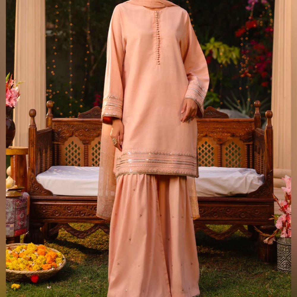 Elegant Pakistani Beige Gharara outfit by Asim Jofa